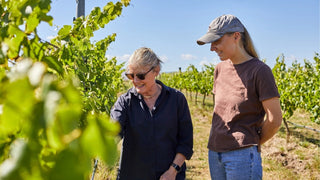 Award-winning winemakers Kate and Penelope Radburnd inspecting vines in the Radburnd Cellars vineyard, Hawke's Bay.