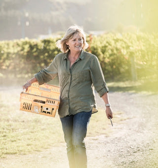 Kate Radburnd walking the rows during hand-harvest at the Radburnd Cellars vineyard, Hawke's Bay.