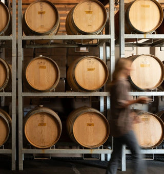 Stacked French Oak barrels at Radburnd Cellars, Hawke's Bay