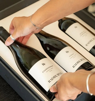 Radburnd Cellars Wine Club gift case — Hawke's Bay Chardonnay, Syrah and Merlot Cabernet in bespoke packaging.